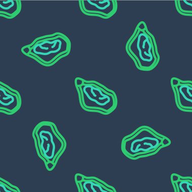 Çizgi midye simgesi mavi arkaplandaki kusursuz deseni izole etti. Taze deniz ürünleri. Vektör