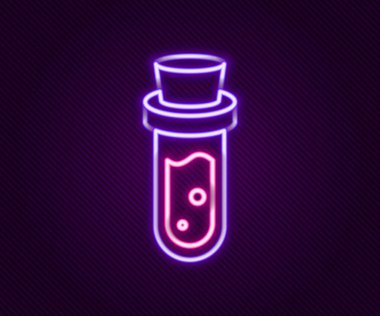 Siyah zemin üzerinde iksir ikonu olan parlak neon hattı şişesi. Sihirli iksirli matara. Mutlu Cadılar Bayramı Partisi. Renkli taslak konsepti. Vektör