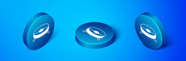 Isometric Robot vacuum cleaner icon isolated on blue background. Home smart appliance for automatic vacuuming, digital device for house cleaning. Blue circle button. Vector.