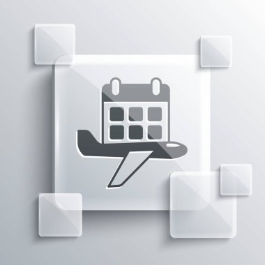 Grey Travel planning calendar and airplane icon isolated on grey background. A planned holiday trip. Square glass panels. Vector