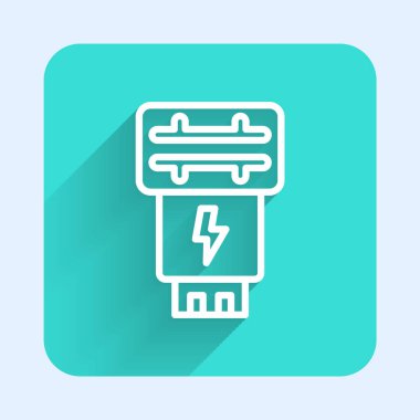 White line Photo camera flash icon isolated with long shadow. Green square button. Vector.