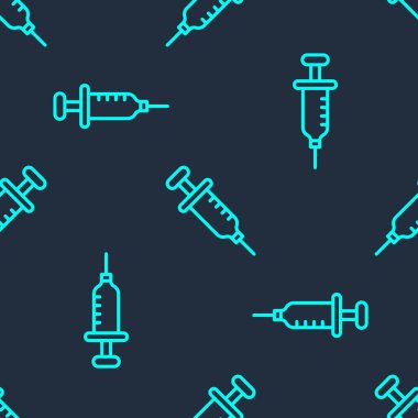 Yeşil çizgi şırınga ikonu mavi arkaplandaki kusursuz deseni izole etti. Aşı için şırınga, aşı, iğne, grip aşısı. Tıbbi ekipman. Vektör.