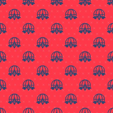 Mavi çizgi Globe 'un uçan uçak ikonu kırmızı arka planda izole edilmiş. Uçak Dünya 'nın etrafında uçuyor. Uçak dünyası ikonu. Vektör