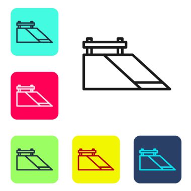 Siyah çizgi kaykay parkı simgesi beyaz arkaplanda izole edildi. Rampa seti, paten parkı için merdiven. Olağanüstü bir spor. Renkli kare düğmelerle simgeleri ayarla. Vektör