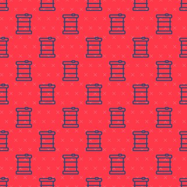 Blue line Radioactive waste in barrel icon isolated seamless pattern on red background. Toxic refuse keg. Radioactive garbage emissions, environmental pollution.  Vector