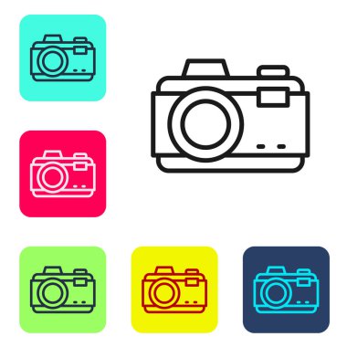 Siyah çizgi fotoğraf makinesi simgesi beyaz arkaplanda izole edildi. Foto kamera. Dijital fotoğrafçılık. Renkli kare düğmelerle simgeleri ayarla. Vektör