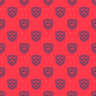 Blue line Canada flag on shield icon isolated seamless pattern on red background.  Vector