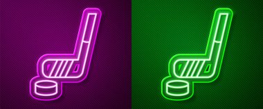 Parlayan neon çizgisi buz hokeyi sopası ve disk ikonu mor ve yeşil arka planda izole edilmiş. Vektör