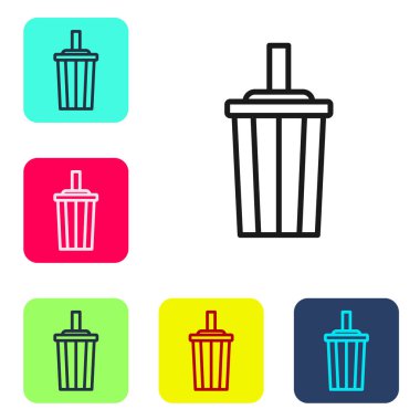 Siyah çizgi kağıt bardak, beyaz arka planda izole edilmiş saman ve su ikonu içeriyor. Soda bardağı. Taze soğuk içecek sembolü. Renkli kare düğmelerle simgeleri ayarla. Vektör