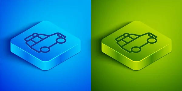 Isometric Line Car Icon Isolated Blue Green Background Square Button — Vetor de Stock