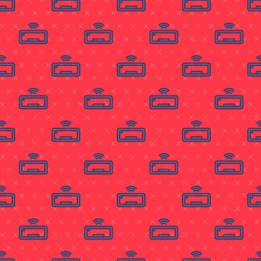 Blue line Computer keyboard icon isolated seamless pattern on red background. PC component sign.  Vector