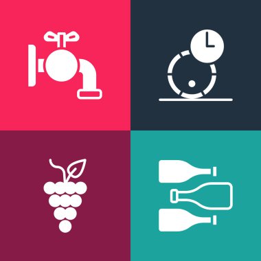 Set pop art Bottles of wine, Bunch grapes, Wooden barrel for and Tap icon. Vector