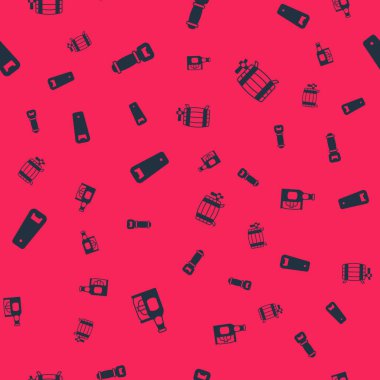 Set Beer bottle and beer can, Bottle opener,  and Wooden barrel on seamless pattern. Vector