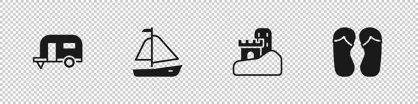Set Camping Trailer Yacht Sailboat Sand Castle Flip Flops Icon — Διανυσματικό Αρχείο