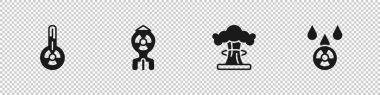 Set Meteorology thermometer, Nuclear bomb, explosion and Acid rain and radioactive cloud icon. Vector