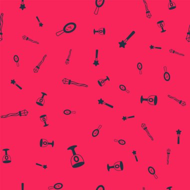 Set Medieval goblet, Magic hand mirror, staff and wand on seamless pattern. Vector