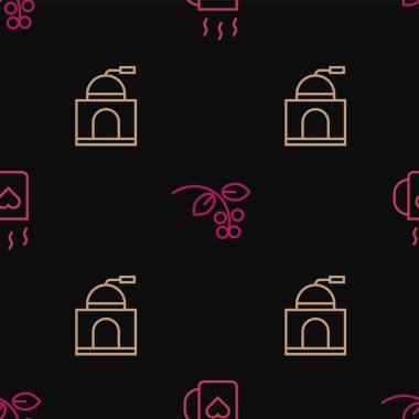 Set line Coffee cup and heart, Manual coffee grinder and bean, branch on seamless pattern. Vector