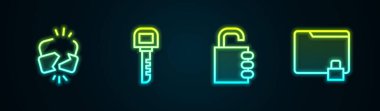 Set line Broken or cracked lock, Key, Safe combination and Folder and. Glowing neon icon. Vector