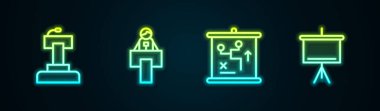 Set line Stage stand or tribune, , Planning strategy concept and Chalkboard. Glowing neon icon. Vector