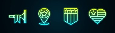 Set line Trumpet, USA Independence day, Shield with stars and . Glowing neon icon. Vector