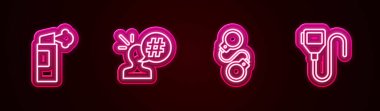 Set line Pepper spray, Protest, Handcuffs and Walkie talkie. Glowing neon icon. Vector