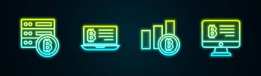 Set line Server bitcoin, Mining from laptop, Pie chart infographic and monitor. Glowing neon icon. Vector