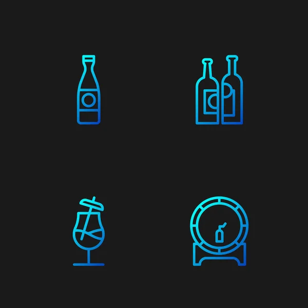 Set line Wooden barrel on rack, Cocktail, Beer bottle and Bottles of wine. Gradient color icons. Vector — Stok Vektör