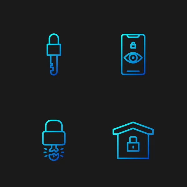 Set line House under protection, Key broke inside of padlock, Locked key and Eye scan. Gradient color icons. Vector — Stockvector