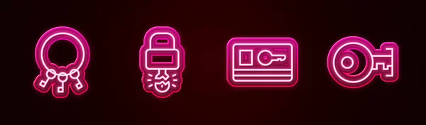 Set line Bunch of keys, Key broke inside padlock, card and . Glowing neon icon. Vector — Image vectorielle