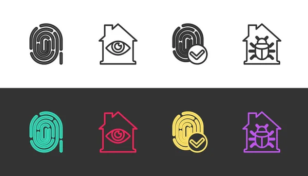 Set line Fingerprint, House with eye scan, and system bug on black and white. Vector — Image vectorielle