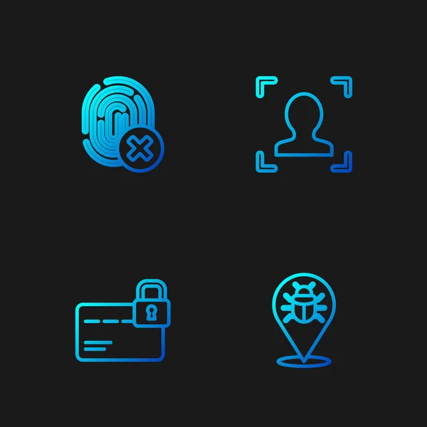 Set line System bug, Credit card with lock, Cancelled fingerprint and Face recognition. Gradient color icons. Vector — Stockvektor