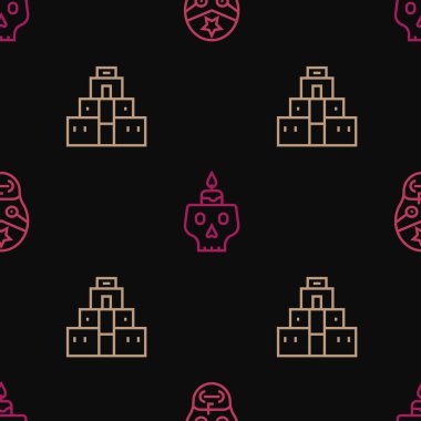 Set line Mexican wrestler, Chichen Itza in Mayan and Burning candle on skull on seamless pattern. Vector