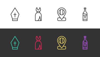 Set line Pope hat, Woman dress, Location flag Italy and Bottle of wine on black and white. Vector