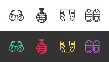 Set line Eyeglasses, Disco ball, Adult diaper and Slippers on black and white. Vector
