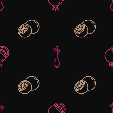 Set line Tomato, Orange fruit and Fresh green onions on seamless pattern. Vector