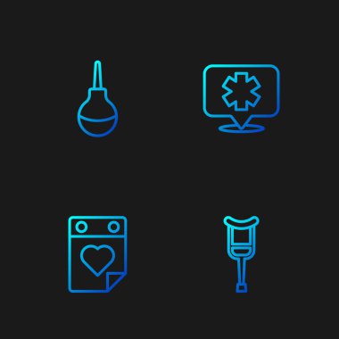Set line Crutch or crutches, Doctor appointment, Enema and Medical symbol of the Emergency. Gradient color icons. Vector