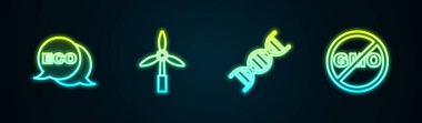 Set line Label for eco healthy food, Wind turbine, DNA symbol and No GMO. Glowing neon icon. Vector