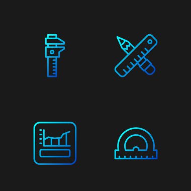 Set line Protractor, Graph, schedule, chart, diagram, Calliper caliper and scale and Crossed ruler pencil. Gradient color icons. Vector