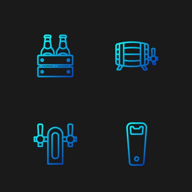 Set line Bottle opener, Beer tap, Pack of beer bottles and Wooden barrel. Gradient color icons. Vector