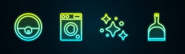 Set line Robot vacuum cleaner, Washer, Home cleaning service and Dustpan. Glowing neon icon. Vector