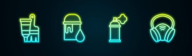 Set line Tube with paint and brush, Paint bucket, spray can and Gas mask. Glowing neon icon. Vector