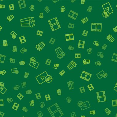 Set line Popcorn in cardboard box, Screen tv with 4k and Play video on seamless pattern. Vector