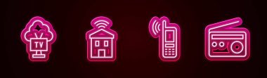 Set line Smart Tv, home with wi-fi, Mobile wireless and Radio. Glowing neon icon. Vector