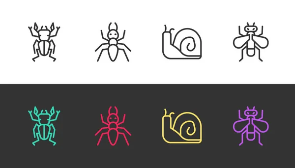 Set line Beetle deer, Ant, Snail and Insect fly on black and white. Vector — Vetor de Stock