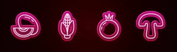 Set line Melon fruit, Corn, Tomato and Mushroom. Glowing neon icon. Vector — Stockový vektor