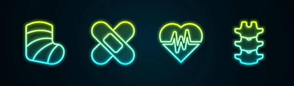 Set line Gypsum, Crossed bandage plaster, Heart rate and Human spine. Glowing neon icon. Vector —  Vetores de Stock