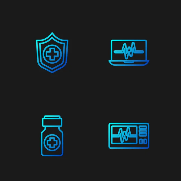Set line Monitor with cardiogram, Medicine bottle and pills, Life insurance hand and Laptop. Gradient color icons. Vector —  Vetores de Stock