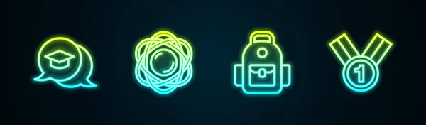 Set line Graduation cap in speech bubble, Atom, School backpack and Medal. Glowing neon icon. Vector — стоковый вектор