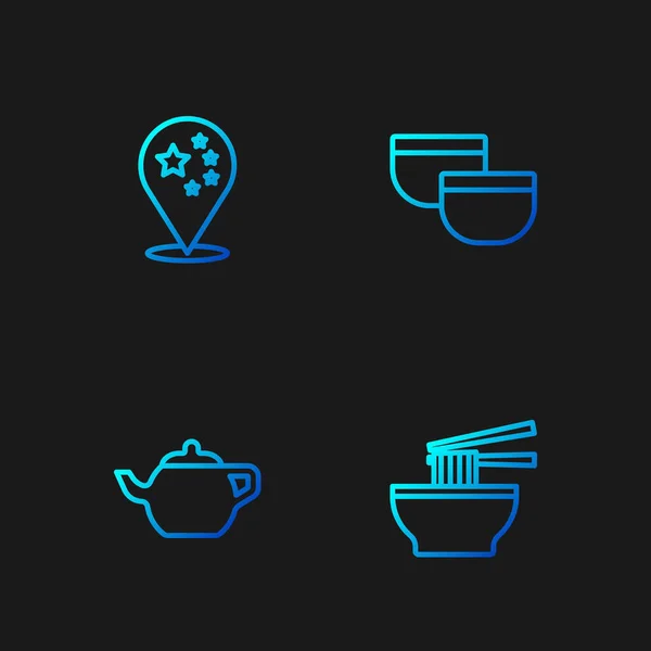 Set line Asian noodles in bowl, Chinese tea ceremony, China flag and . Gradient color icons. Vector — стоковый вектор