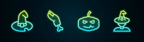 Set line Witch hat, Zombie finger, Pumpkin and . Glowing neon icon. Vector — Stockvektor
